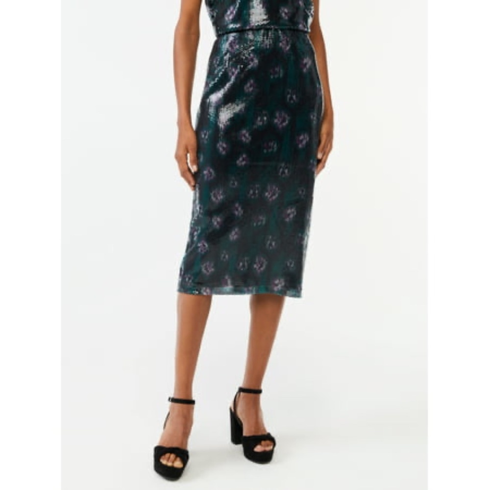 NWT Scoop Floral Sequin Lined Midi Pencil Skirt Emerald Green Party Evening L